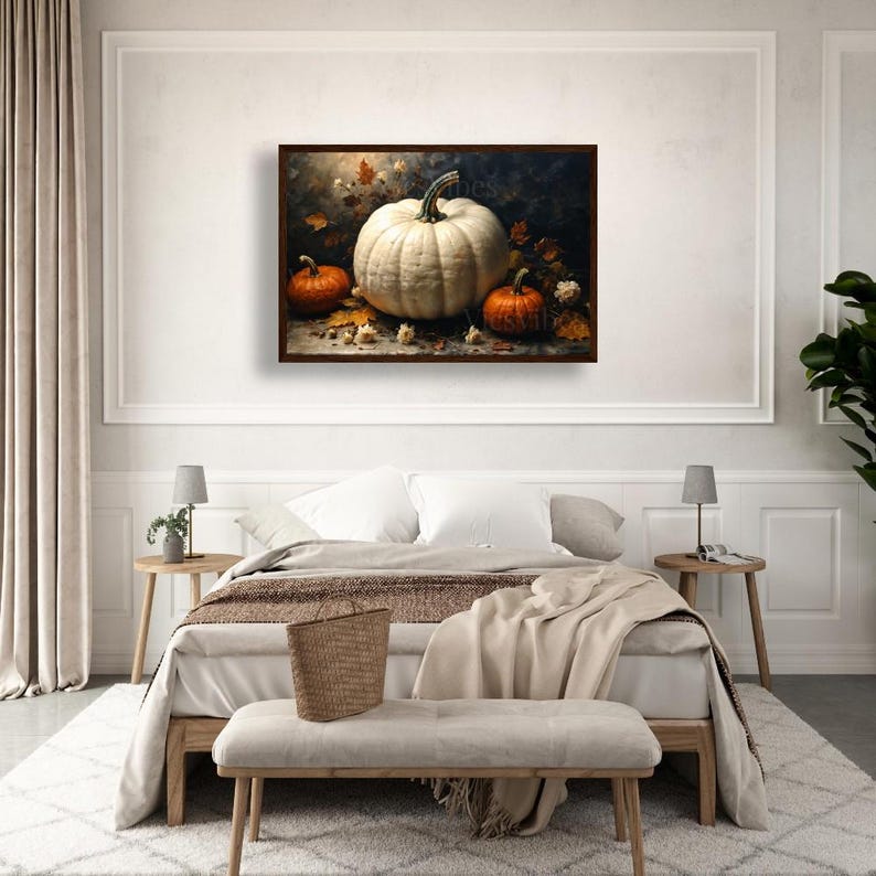 Autumn Pumpkins Still Life Wall Art Poster Canvas or Framed Art with White and Orange Pumpkins Fall Home Decor