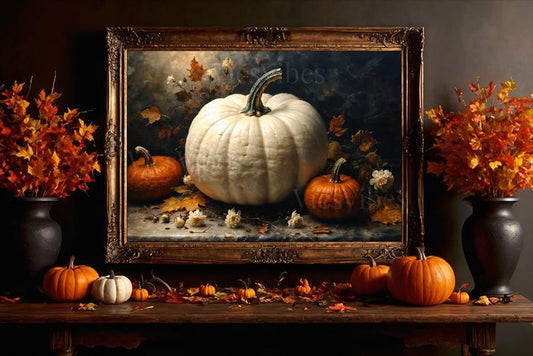 Autumn Pumpkins Still Life Wall Art Poster Canvas or Framed Art with White and Orange Pumpkins Fall Home Decor