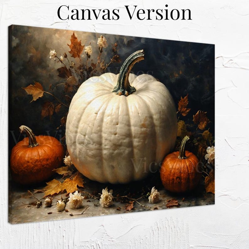 Autumn Pumpkins Still Life Wall Art Poster Canvas or Framed Art with White and Orange Pumpkins Fall Home Decor