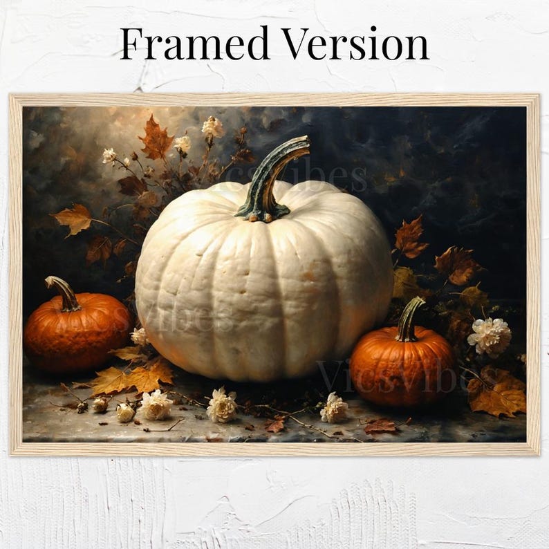 Autumn Pumpkins Still Life Wall Art Poster Canvas or Framed Art with White and Orange Pumpkins Fall Home Decor
