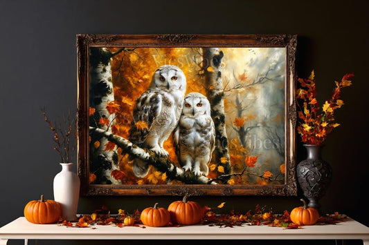 Owl Painting Vintage Print Rustic Fall Woodland Scene Autumn Wildlife Home Decor Framed Canvas or Poster Owl Lovers Wall Art Shipped Decor
