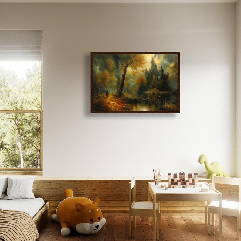 Fantasy Castle Fall Landscape Wall Art Gothic Fantasy Poster Canvas or Framed Art for Autumn Home Decor