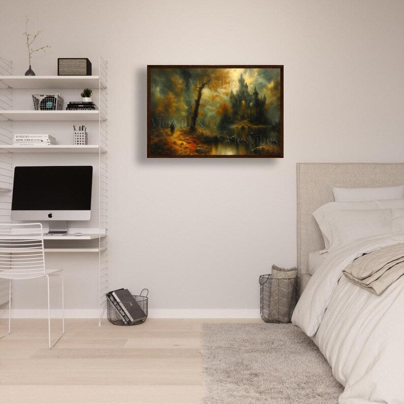 Fantasy Castle Fall Landscape Wall Art Gothic Fantasy Poster Canvas or Framed Art for Autumn Home Decor