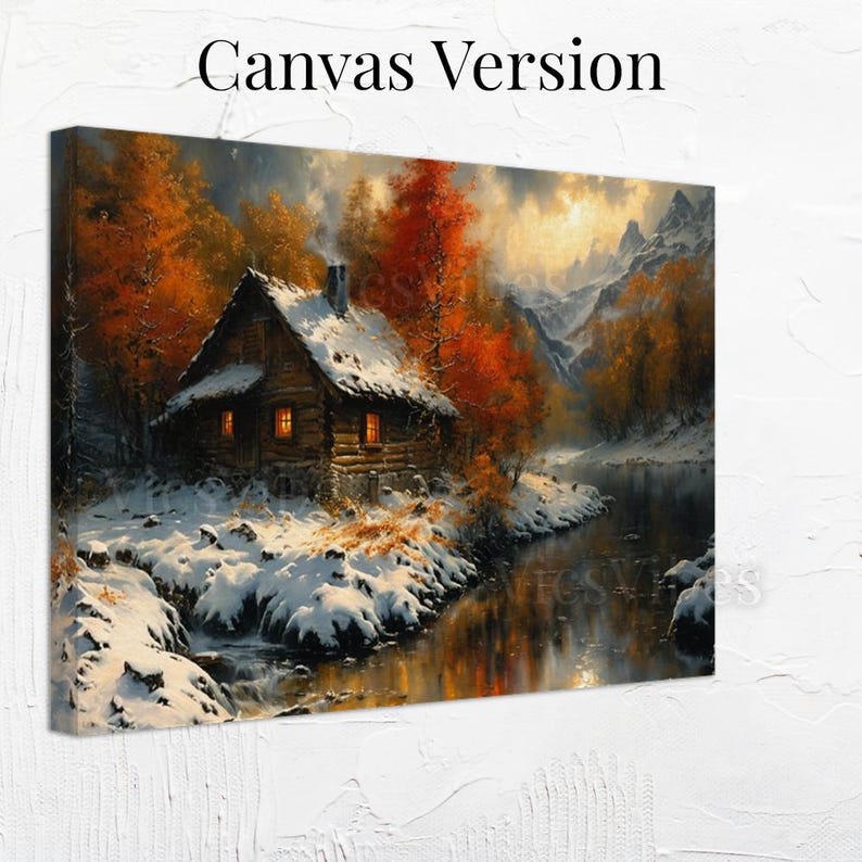 Mountain Cabin Art Print Autumn Landscape Rustic Home Decor Fall Snow Scene Framed or Canvas Cozy Winter Wall Art Mountain Cabin Decor