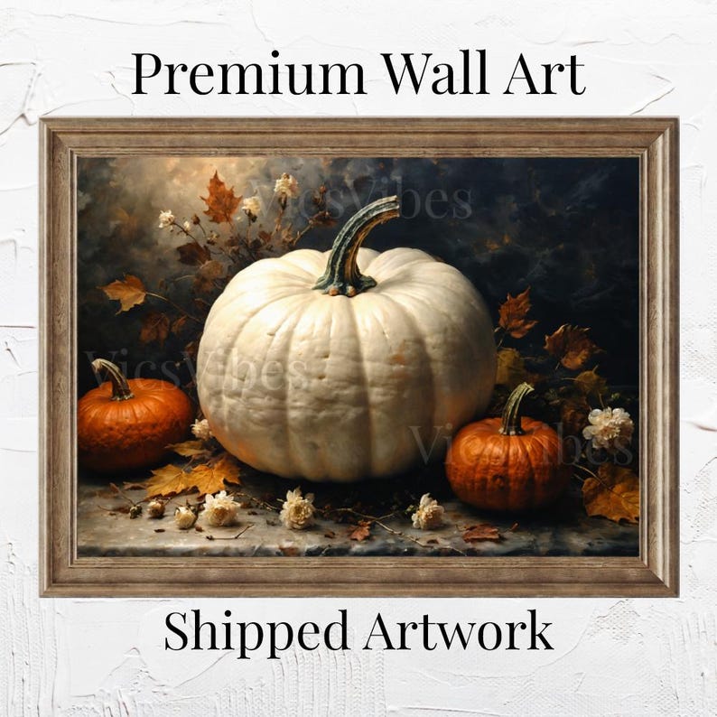 Autumn Pumpkins Still Life Wall Art Poster Canvas or Framed Art with White and Orange Pumpkins Fall Home Decor