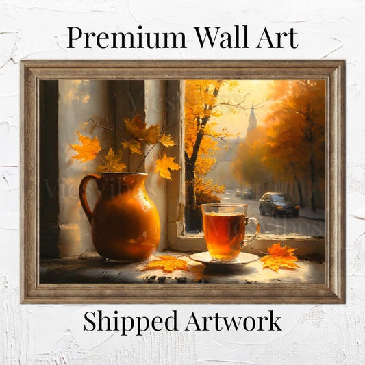 Cozy Fall Window Scene with Tea and Leaves Autumn Wall Art Poster Canvas or Framed Print for Warm Home Decor