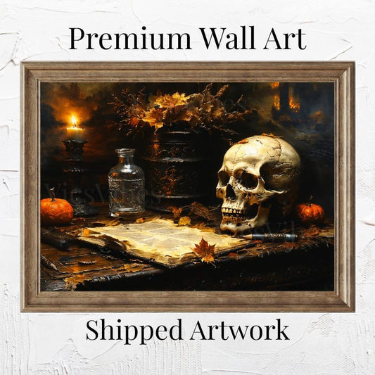 Skull Art Canvas Halloween Decor Spooky Gothic Still Life Candle Autumn Leaves Pumpkin Dark Fall Wall Art Framed Poster