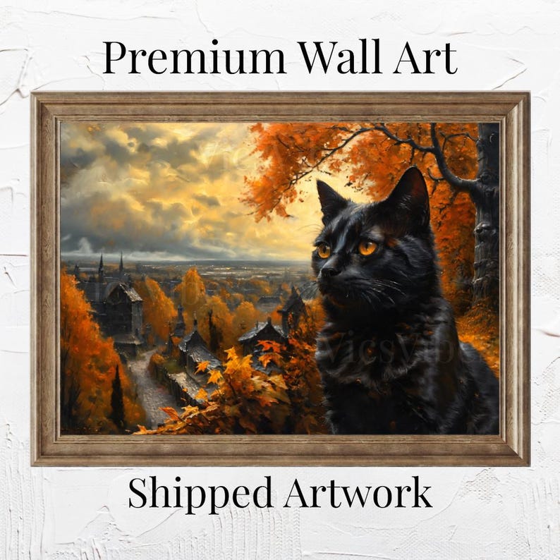Black Cat Wall Art Halloween Fall Decor Autumn Leaves Village Scene Poster Canvas Framed Mystical Cat Print Witchy Home Decor Cozy