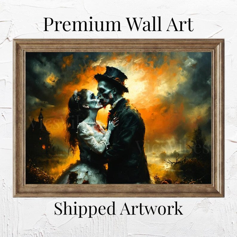 Eternal Undead Love: Haunted Gothic Zombie Lovers Embrace | Dark Romantic Horror Art | Poster | Canvas | Framed Wooden Painting