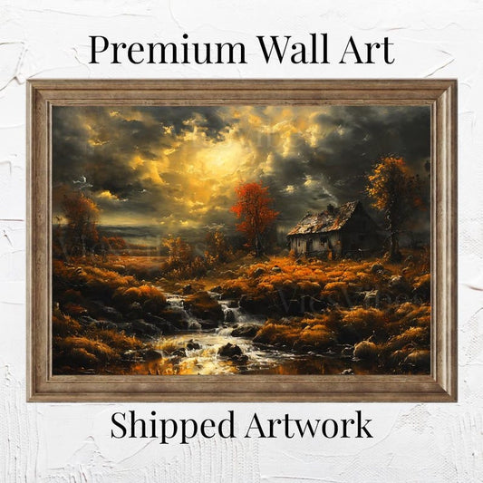 Fall Landscape Wall Art Autumn Landscape Scene Flowing Stream Framed Fall Poster Cozy Nature Decor Moody Sky Trees Canvas Print
