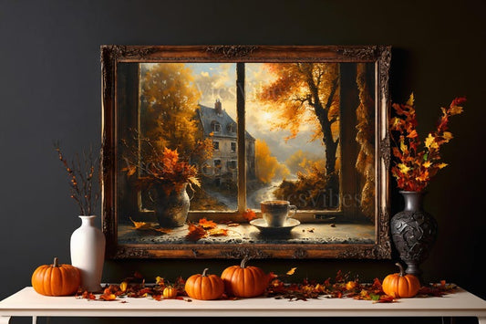 Vintage Fall Window Art | Rustic Autumn Coffee Scene | Moody Gothic Home Decor | Fall Printable | Framed Canvas or Poster