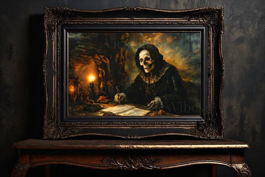 Vintage Skeleton Writing in Candlelight Gothic Book Lover Art Dark Fantasy Decor Halloween Art Skeleton Oil Painting Print and Ship