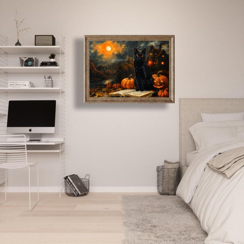 Black Cat Halloween Art | Vintage Pumpkin Scene | Gothic Fall Deco | Cat Painting | Spooky Pet Oil Painting | Halloween Cat | Print and Ship