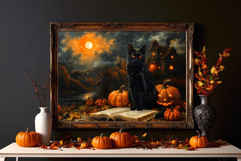 Black Cat Halloween Art | Vintage Pumpkin Scene | Gothic Fall Deco | Cat Painting | Spooky Pet Oil Painting | Halloween Cat | Print and Ship