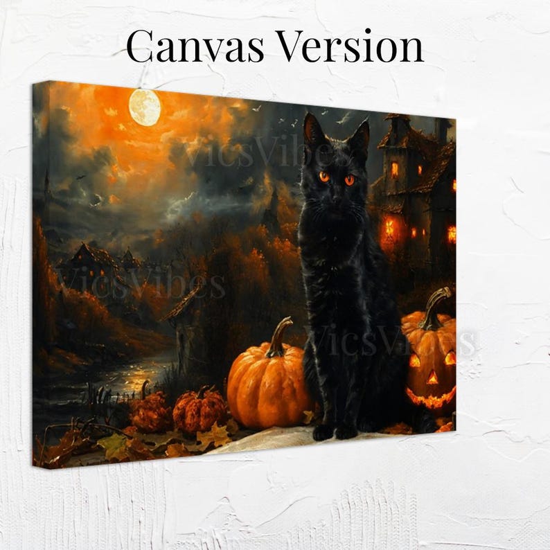 Black Cat Halloween Art | Vintage Pumpkin Scene | Gothic Fall Deco | Cat Painting | Spooky Pet Oil Painting | Halloween Cat | Print and Ship