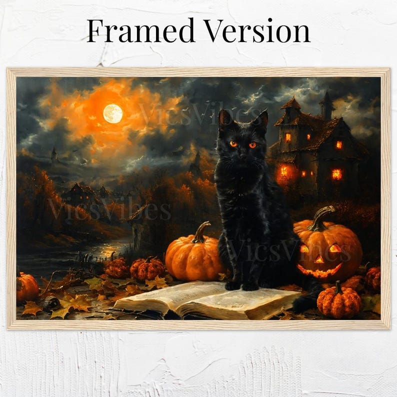 Black Cat Halloween Art | Vintage Pumpkin Scene | Gothic Fall Deco | Cat Painting | Spooky Pet Oil Painting | Halloween Cat | Print and Ship