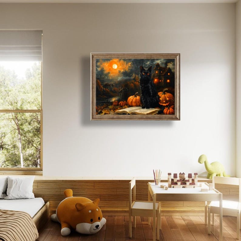 Black Cat Halloween Art | Vintage Pumpkin Scene | Gothic Fall Deco | Cat Painting | Spooky Pet Oil Painting | Halloween Cat | Print and Ship