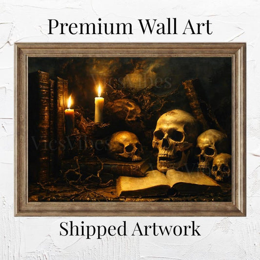 Vintage Skull Art Print Gothic Decor Candlelit Skull Painting Dark Academia Wall Art Gothic Skulls Vintage Dark Oil Painting Print and Ship