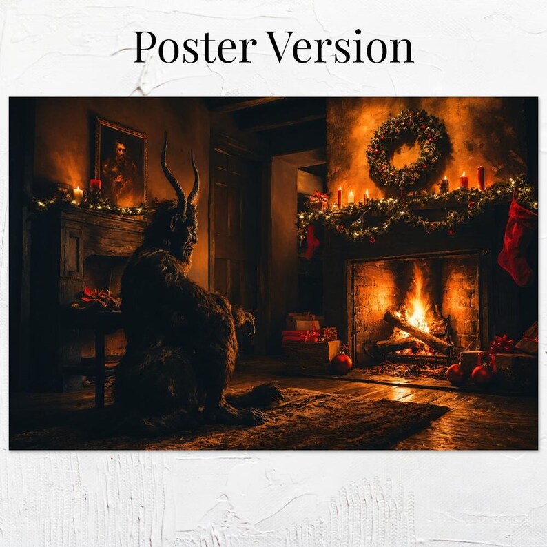 Krampus Christmas Wall Art Snowy Scene Cozy Winter Fireplace Holiday Print Rustic Decor Poster Canvas or Framed Gift for Home