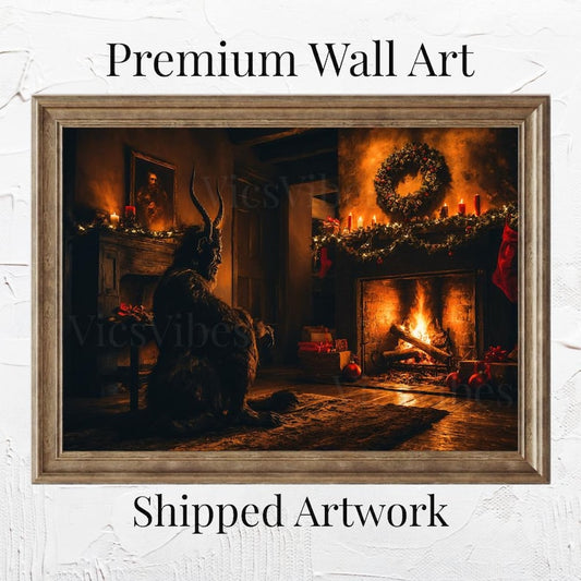 Krampus Christmas Wall Art Snowy Scene Cozy Winter Fireplace Holiday Print Rustic Decor Poster Canvas or Framed Gift for Home