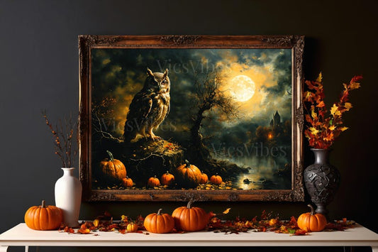 Vintage Owl Painting | Owl and Moon Painting | Gothic Halloween Wall Art | Vintage Oil Painting | Rustic Fine Art | Print and Ship