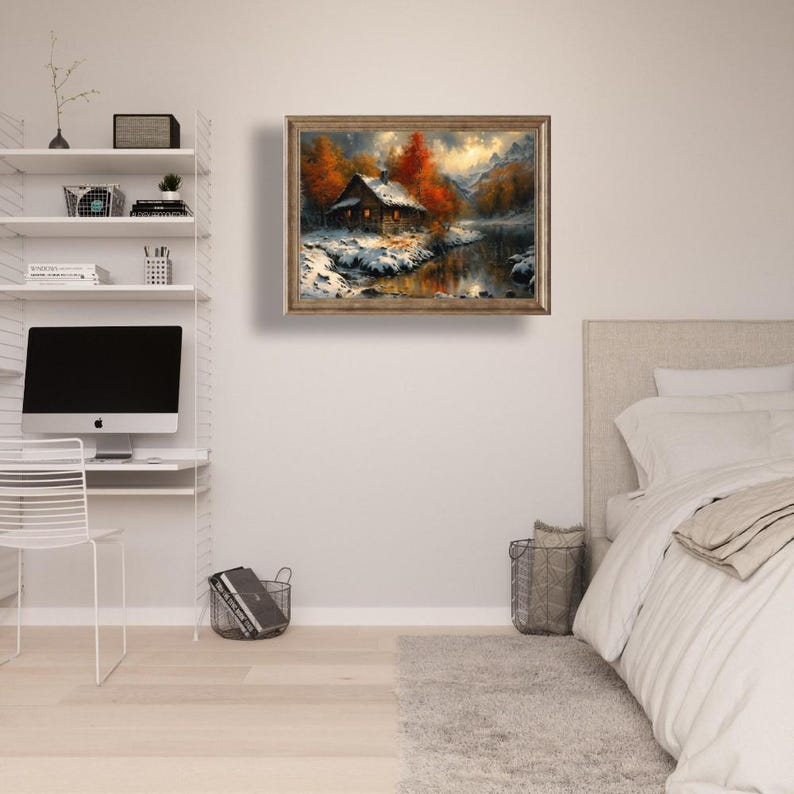 Mountain Cabin Art Print Autumn Landscape Rustic Home Decor Fall Snow Scene Framed or Canvas Cozy Winter Wall Art Mountain Cabin Decor