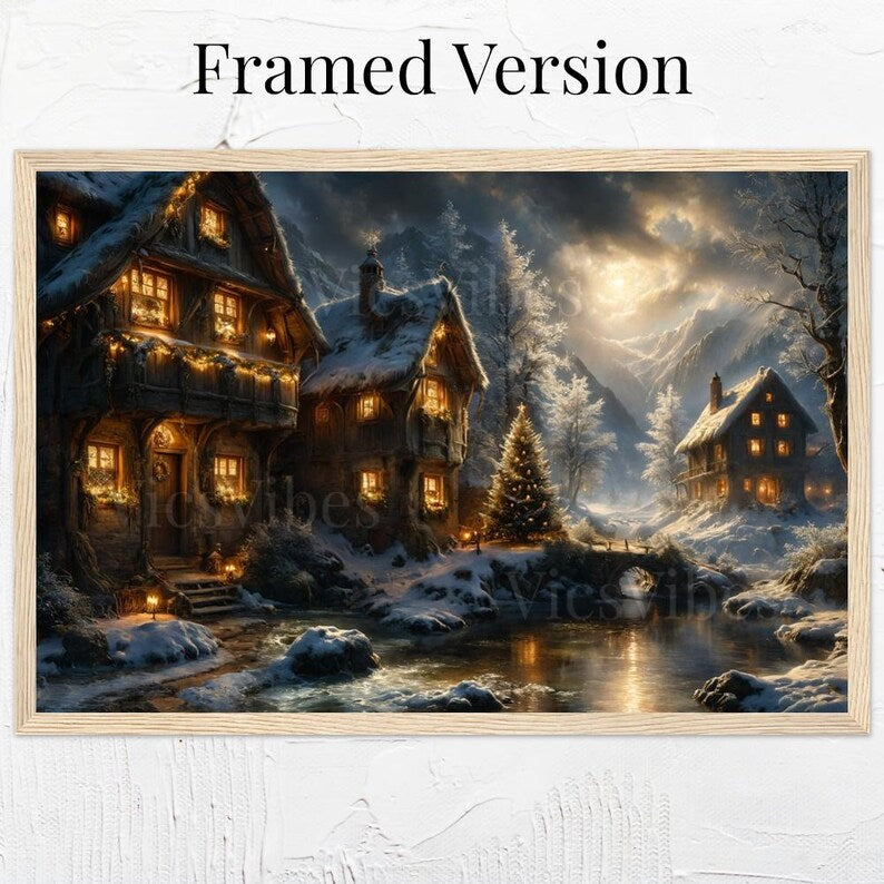 Snowy Cabin Wall Art Christmas Winter Scene Print Cozy Fireplace Holiday Decor Rustic Artwork Poster Canvas Framed Gift for Home