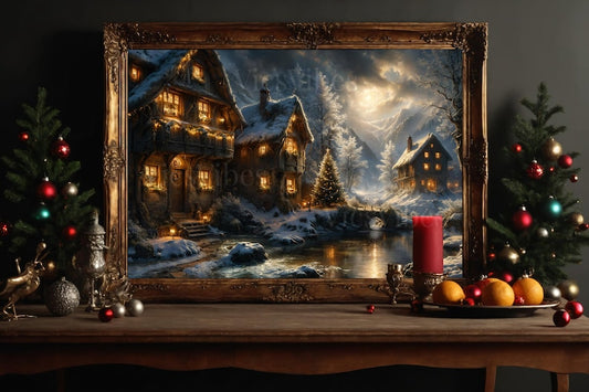 Snowy Cabin Wall Art Christmas Winter Scene Print Cozy Fireplace Holiday Decor Rustic Artwork Poster Canvas Framed Gift for Home