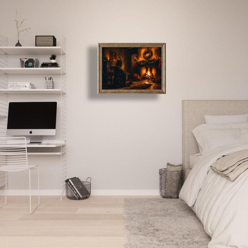 Krampus Christmas Wall Art Snowy Scene Cozy Winter Fireplace Holiday Print Rustic Decor Poster Canvas or Framed Gift for Home