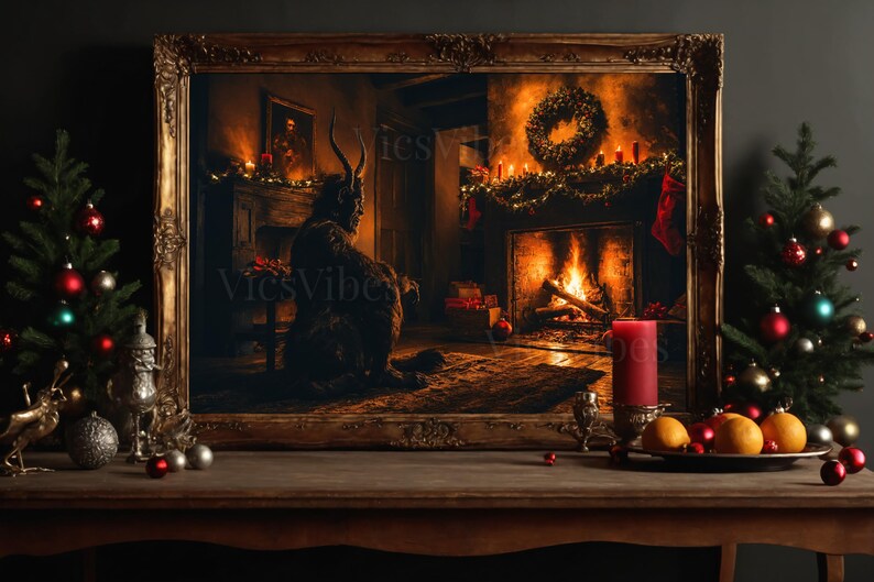 Krampus Christmas Wall Art Snowy Scene Cozy Winter Fireplace Holiday Print Rustic Decor Poster Canvas or Framed Gift for Home