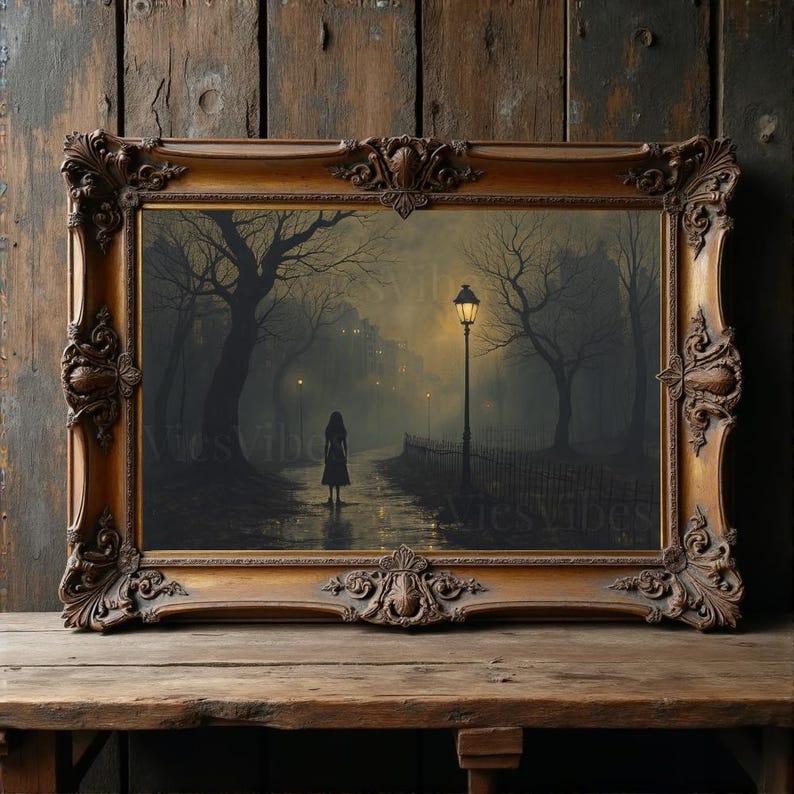 Gothic horror misty path oil painting disturbing dark academia decor Halloween wall art gothic home décor eerie scene