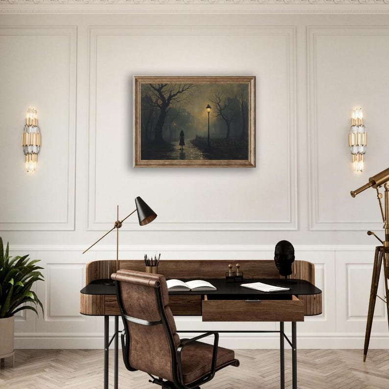 Gothic horror misty path oil painting disturbing dark academia decor Halloween wall art gothic home décor eerie scene