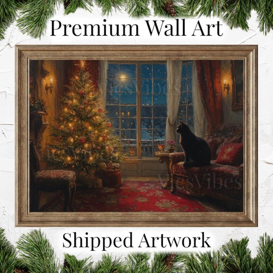 Vintage Cat Christmas Canvas Wall Art Gift Cat Lover Framed Print Rustic Oil Painting Holiday Decor Framed Canvas Painting