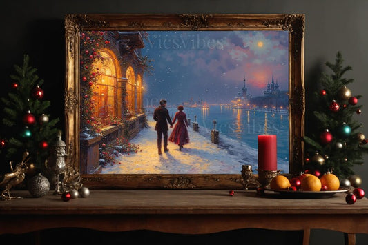 Christmas Canvas wall art vintage painting couples gift snowy Framed Christmas gift for her holiday Christmas gift decor romantic wall art