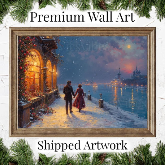 Christmas Canvas wall art vintage painting couples gift snowy Framed Christmas gift for her holiday Christmas gift decor romantic wall art
