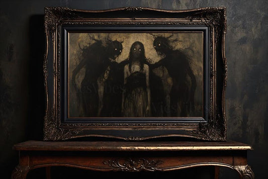 Gothic Vintage Oil Painting Metal Print Canvas Art For Her Shadowy Figures Wall Art Dark Academia Eerie Décor Horror Gifts Moody Creepy Art