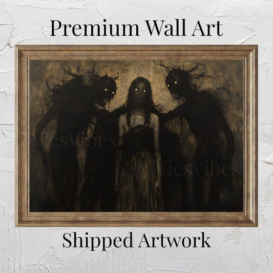 Gothic Vintage Oil Painting Metal Print Canvas Art For Her Shadowy Figures Wall Art Dark Academia Eerie Décor Horror Gifts Moody Creepy Art