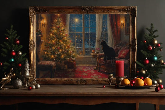 Vintage Cat Christmas Canvas Wall Art Gift Cat Lover Framed Print Rustic Oil Painting Holiday Decor Framed Canvas Painting