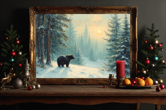 Vintage Bear Wall Art Prints Gifts Winter Framed Canvas Winter Scene Christmas décor Christmas Decoration Snowy Holiday Poster