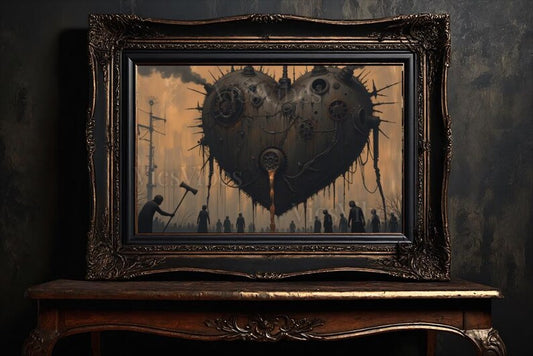 Vintage oil painting gothic industrial heart surreal artwork framed dark academia wall art spooky post-apocalyptic home decor gift