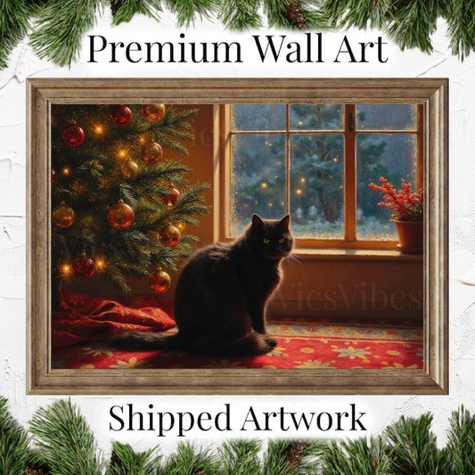 Vintage Cat Canvas Christmas Gift for Cat Lover Oil Painting Framed Print Christmas Décor Wall Art Holiday Decor
