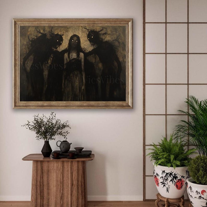 Gothic Vintage Oil Painting Metal Print Canvas Art For Her Shadowy Figures Wall Art Dark Academia Eerie Décor Horror Gifts Moody Creepy Art