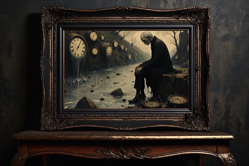 Moody gothic painting framed clock surreal landscape dark academia wall art time-themed post-apocalyptic spooky Thought Provoking artwork