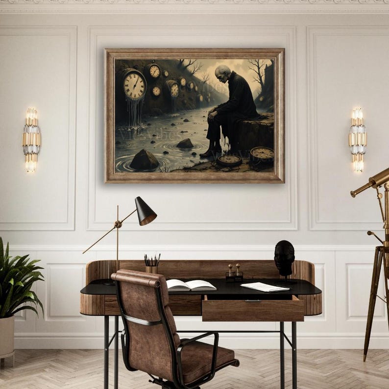 Moody gothic painting framed clock surreal landscape dark academia wall art time-themed post-apocalyptic spooky Thought Provoking artwork