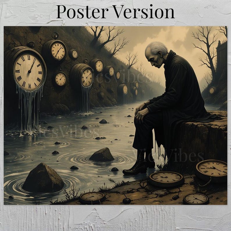 Moody gothic painting framed clock surreal landscape dark academia wall art time-themed post-apocalyptic spooky Thought Provoking artwork