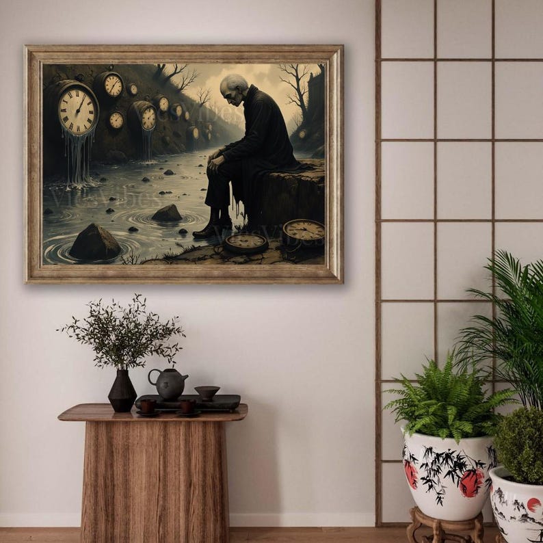 Moody gothic painting framed clock surreal landscape dark academia wall art time-themed post-apocalyptic spooky Thought Provoking artwork