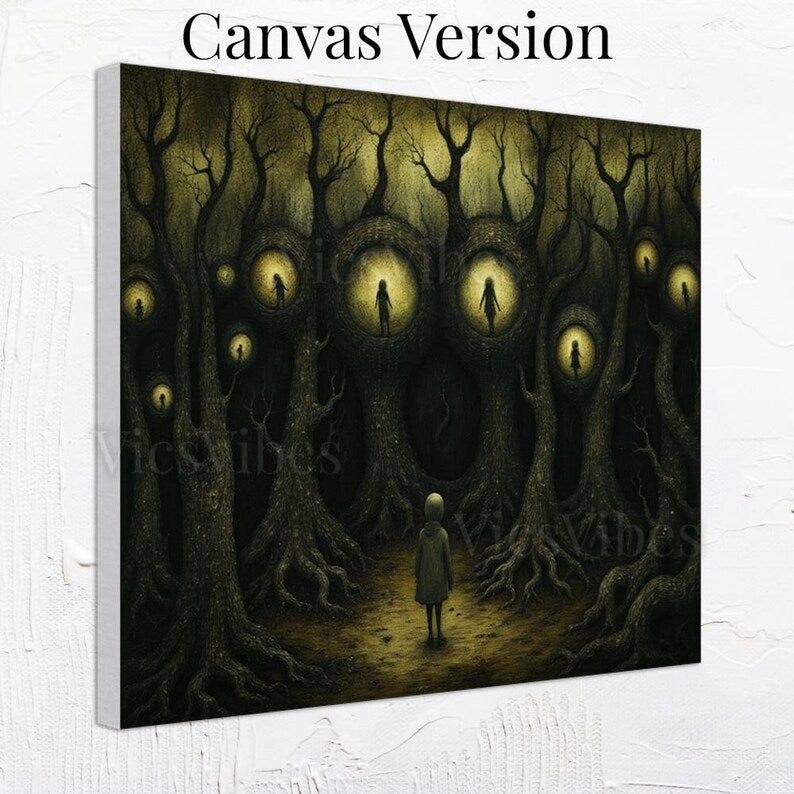 Surreal Dark Academia Metal Print Painting Haunting Figures in Trees Gothic Eerie Landscape Moody Wall Decor Framed Poster Print Artwork