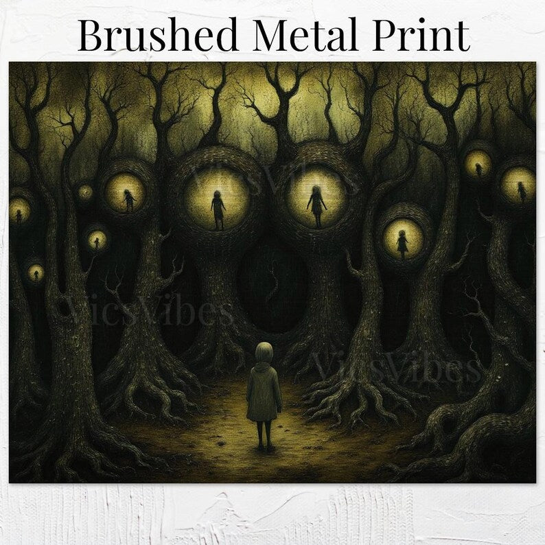 Surreal Dark Academia Metal Print Painting Haunting Figures in Trees Gothic Eerie Landscape Moody Wall Decor Framed Poster Print Artwork