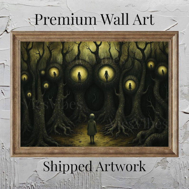 Surreal Dark Academia Metal Print Painting Haunting Figures in Trees Gothic Eerie Landscape Moody Wall Decor Framed Poster Print Artwork
