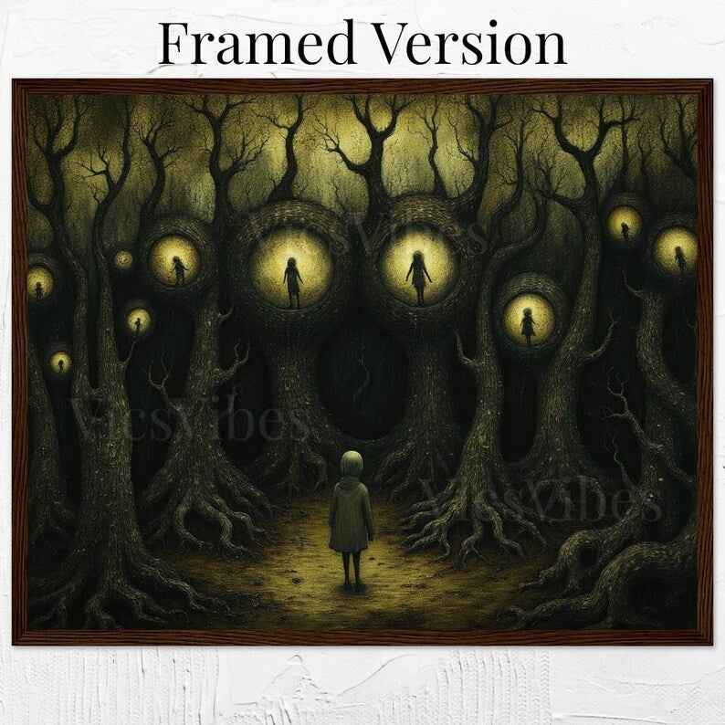Surreal Dark Academia Metal Print Painting Haunting Figures in Trees Gothic Eerie Landscape Moody Wall Decor Framed Poster Print Artwork